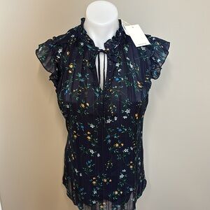 NWT Tamara H. Beautiful Sheer Dark Floral Top with Gold Thread Detail; Size XS